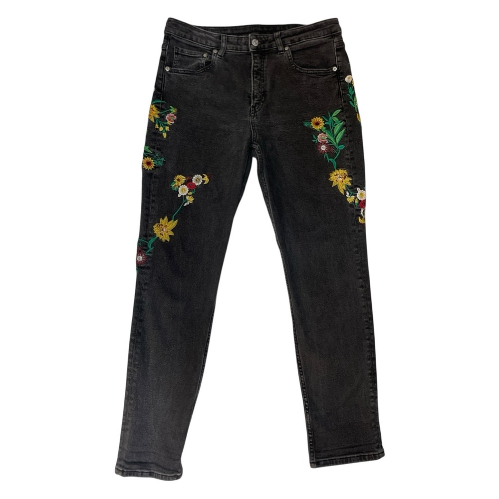 H&M Embroidered Floral Black Washed Denim Girlfriend Fit Jeans - Picture 2 of 12
